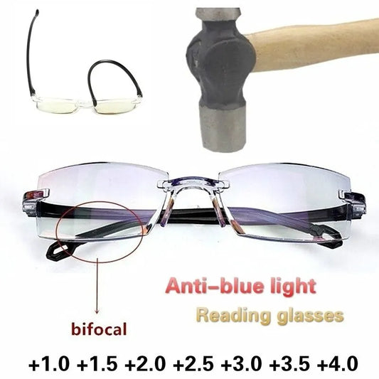 2 Pairs Rimless Reading Glasses - Anti-Blue Light, Bifocal Magnification Eyewear for Men & Women, Presbyopic Glasses +150, +200