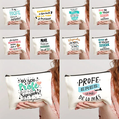 Spanish Printed Teacher Life Makeup Pouch - Pencil Case, School Stationery Storage Bag, Travel Organizer and Gift