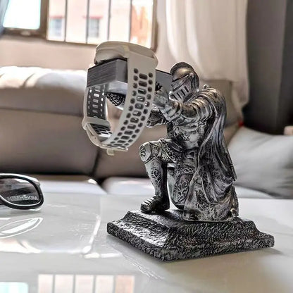 Apple Watch Charging Dock Stand – Cartoon Desktop Smartwatch Holder with Black Warrior Figurine Support