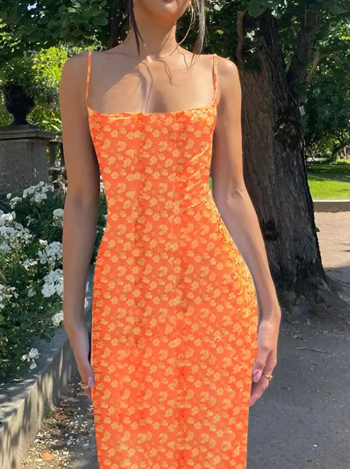 Women’s Y2K Floral Bodycon Sundress – Spaghetti Strap Deep V Neck Backless Long Summer Dress Streetwear Slim Fit Outfit