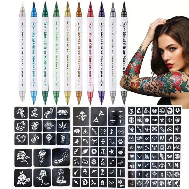 Temporary Skin Tattoo Pen – 10 Colors, Dual-Ended for Bold & Fine Lines, Long-Lasting Body & Face Art