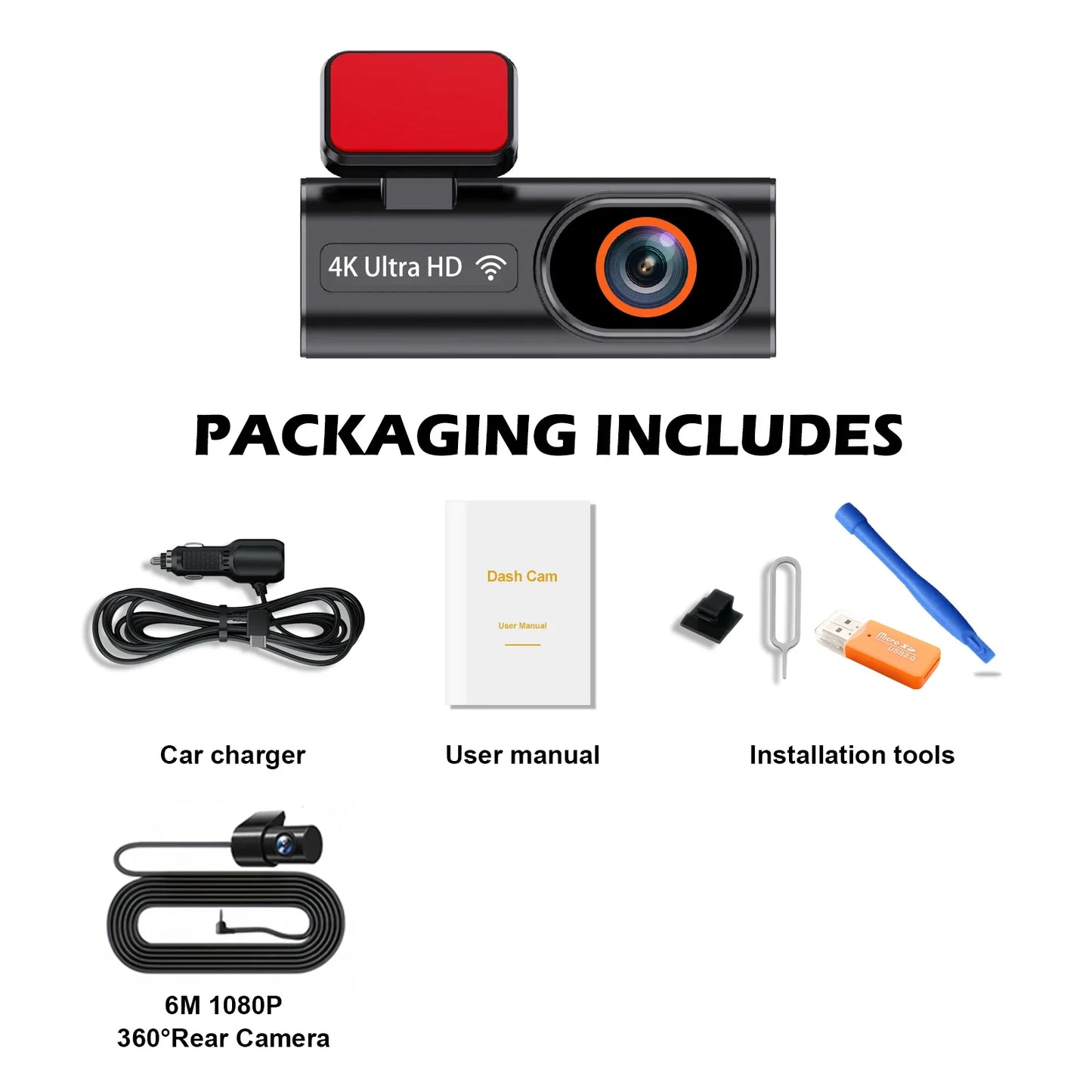 Aprilboy K6 4K WIFI Dash Cam - Front & Rear Dual Lens, 1080P Night Vision, Parking Monitor, Mini Car DVR