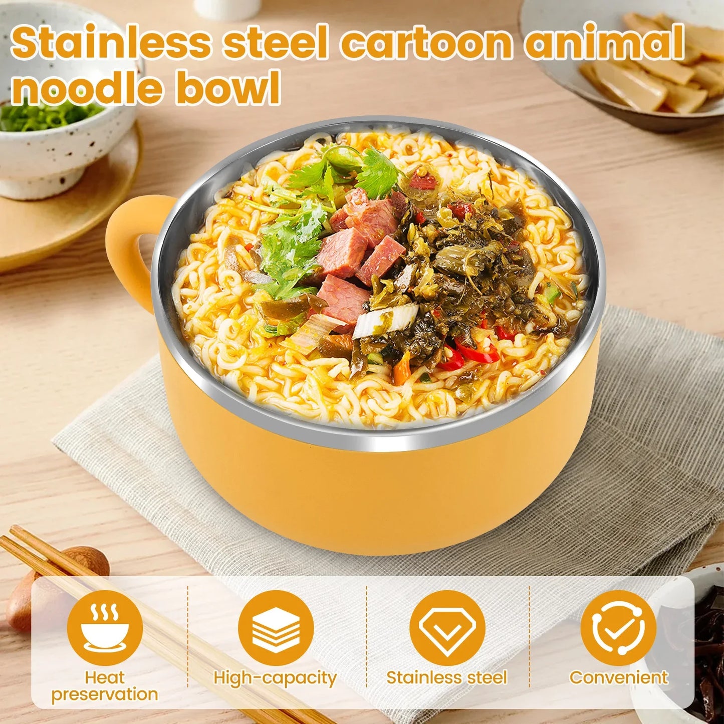 Stainless Steel Ramen Bowl with Lid: 1200ml Heat-Resistant Noodle Bowl - Instant Noodles Cooker & Tableware Kitchen Accessory