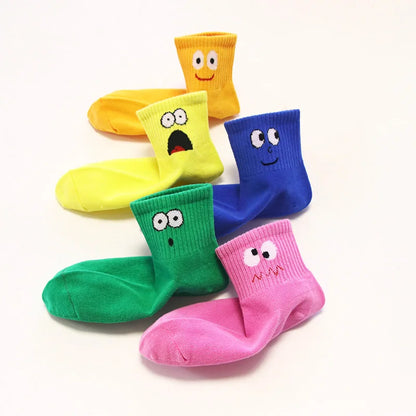 5 Pairs Kids Socks - Cute Emoticon Face Pattern, Comfortable & Breathable Socks for Boys & Girls