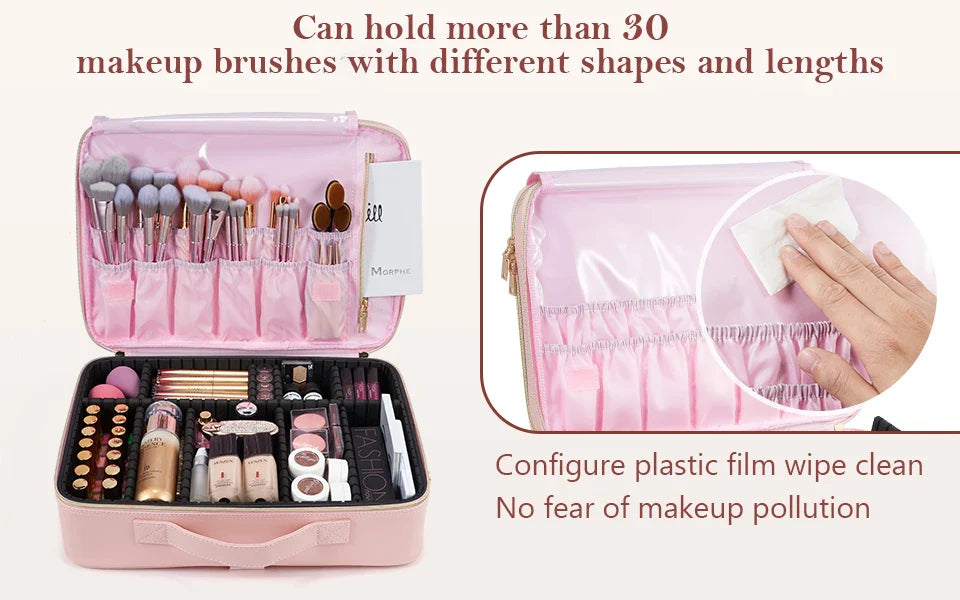 Professional Makeup Bag — Extra-Large Cosmetic Train Case with Brush Organizer, Storage Compartments & Dividers for Artists