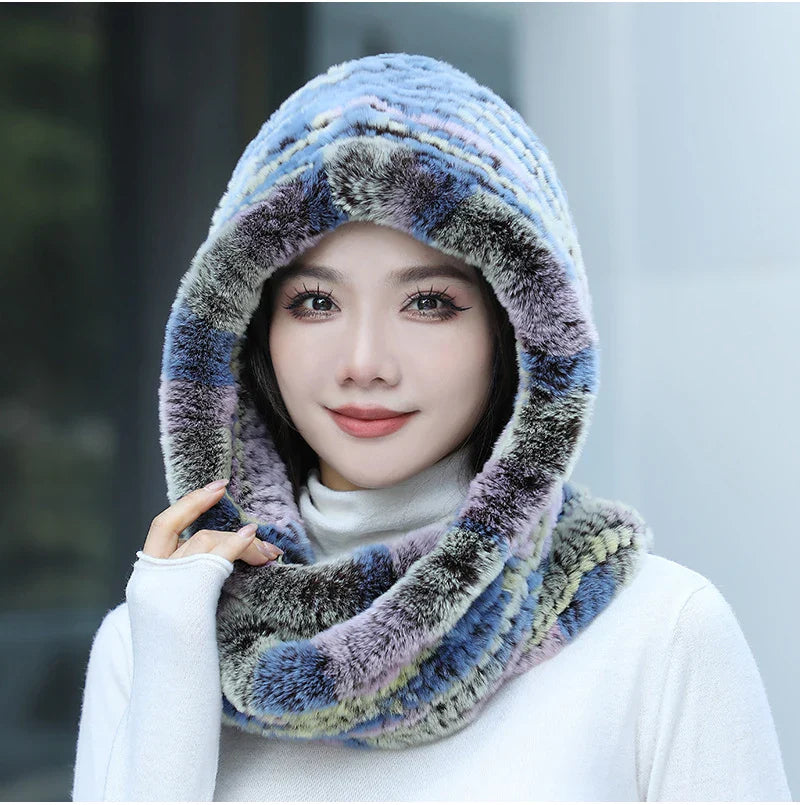 2025 Women’s Knitted Rex Rabbit Fur Hat – Hooded Scarf with Neck Collar, Long Winter Warm Fur Hat & Scarf Set