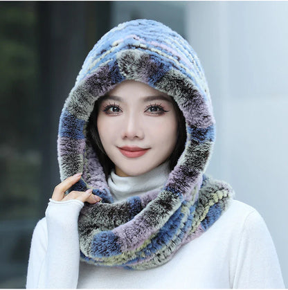 2025 Women’s Knitted Rex Rabbit Fur Hat – Hooded Scarf with Neck Collar, Long Winter Warm Fur Hat & Scarf Set