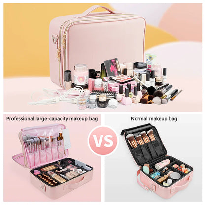 Professional Makeup Bag — Extra-Large Cosmetic Train Case with Brush Organizer, Storage Compartments & Dividers for Artists