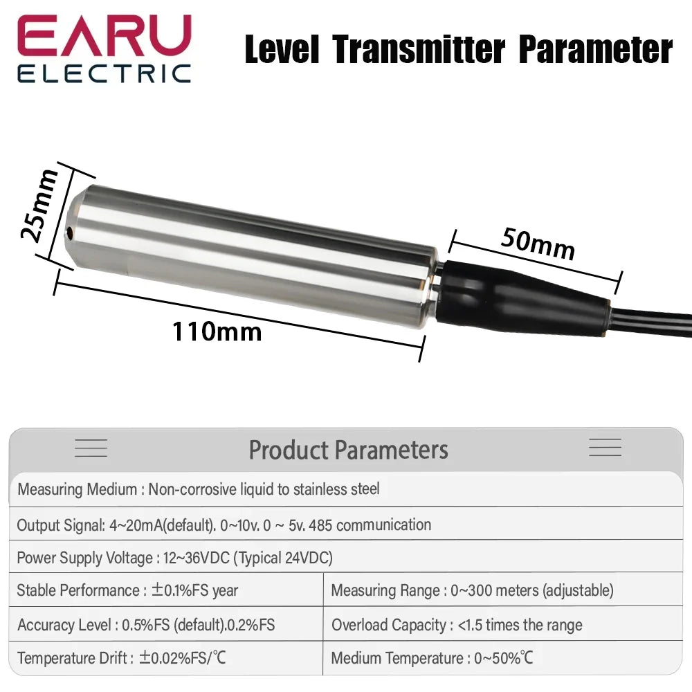 Level Sensor Transmitter – 4-20mA, 0-5V, 0-10V RS485 Output Liquid Level Probe Detector with Float Switch Controller