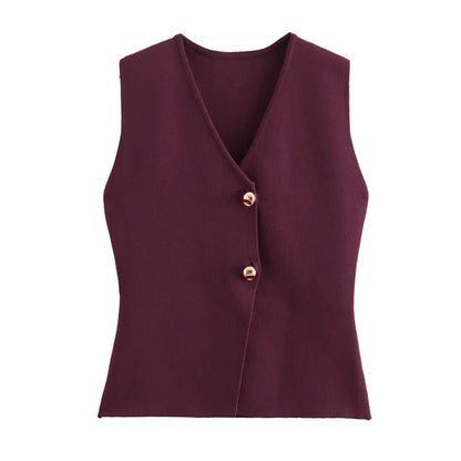 TRAF 2024 Women's Knit Vest Top – Cropped Sleeveless, Button Front, Summer Knitted Holiday Short Tops
