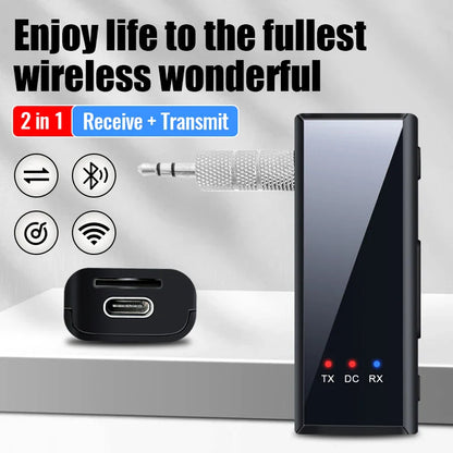 Bluetooth 5.4 Audio Transmitter Receiver – 3.5mm AUX Wireless Adapter with Mic & TF Card Support for Car, TV & PC