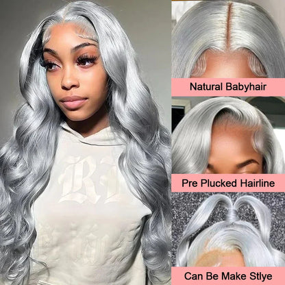 13x6 Silver Grey Body Wave Lace Front Wig – 100% Human Hair, Preplucked 13x4 Lace Frontal Brazilian Wig, 36 Inch