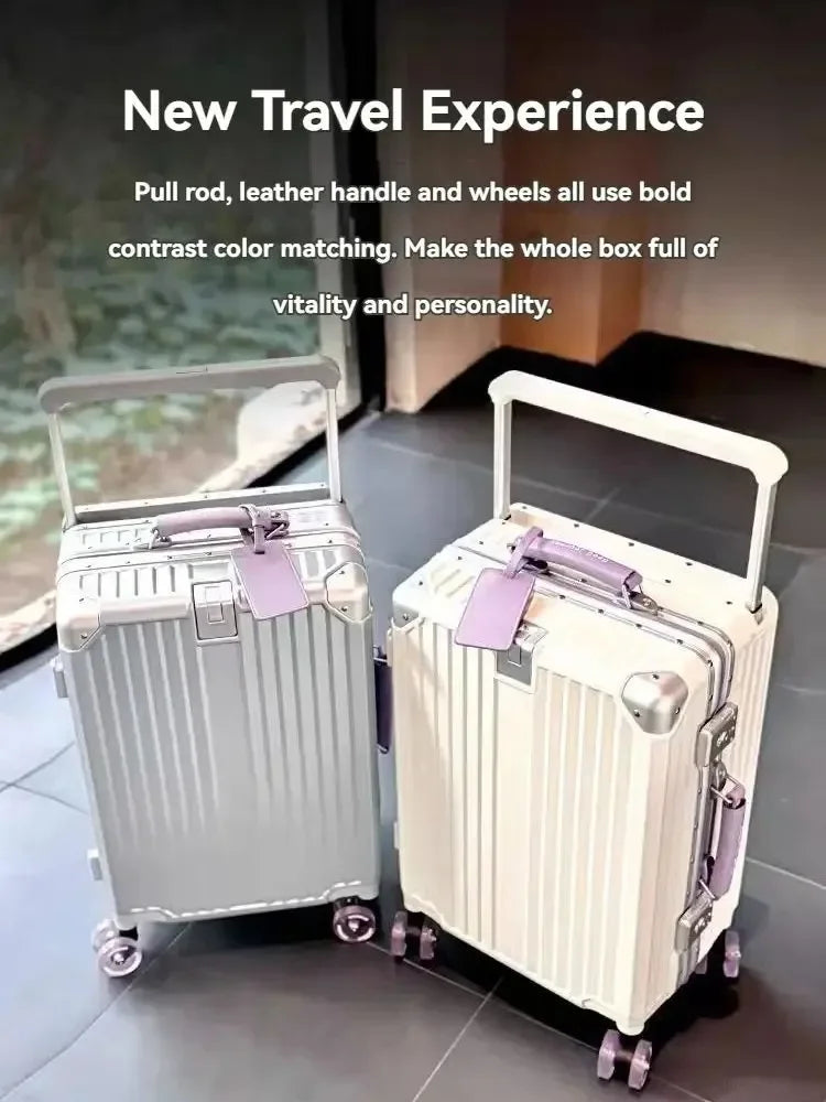 Aluminum Frame Rolling Luggage — Wide Handlebar Trolley Suitcase with Colorful Silent Spinner Wheels, TSA Lock & Large Capacity