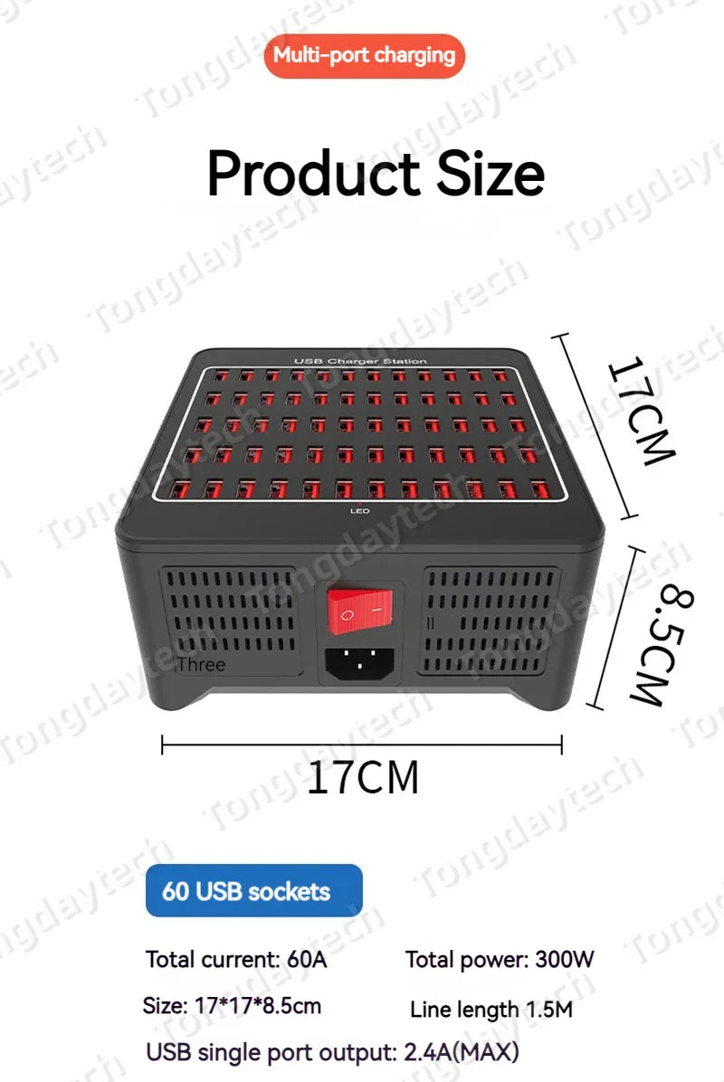 300W Universal Multi USB Charger Station – 60-Port Fast Charging for iPad, iPhone 11/12/13 Pro Max, Samsung Tablet