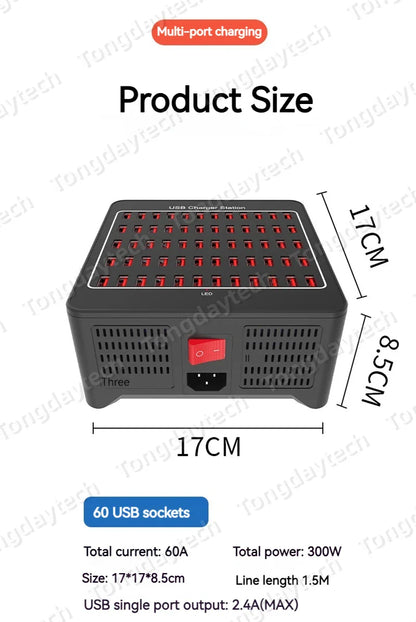 300W Universal Multi USB Charger Station – 60-Port Fast Charging for iPad, iPhone 11/12/13 Pro Max, Samsung Tablet