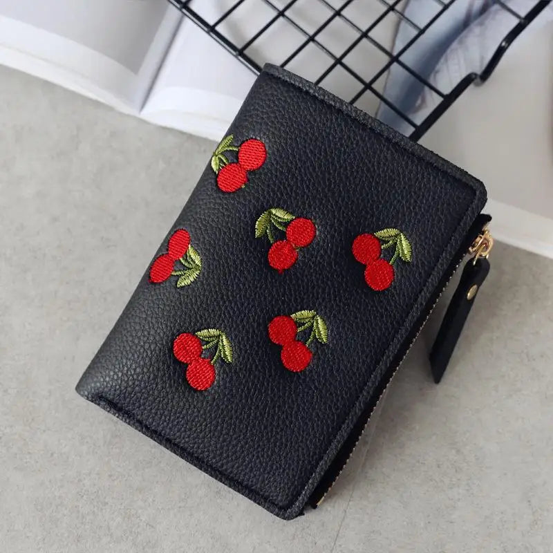 Women’s Cherry Embroidered Short Wallet – Simple Vertical Buckle Zipper Purse for Girls