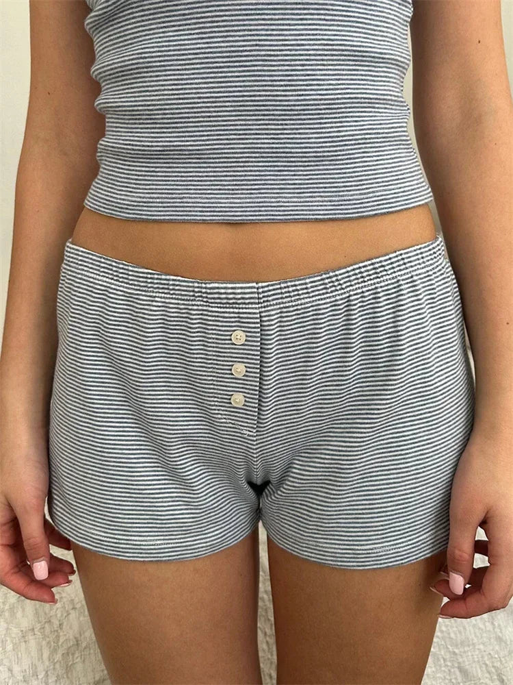 Women’s 2-Piece Loungewear Set – Striped Lace Trim Sleeveless Tank Top & Shorts Summer Pajama Sleepwear Outfit