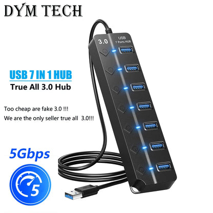 USB 3.0 Hub — 7-Port High-Speed Splitter with Power Adapter, Switch & Long Cable Expander