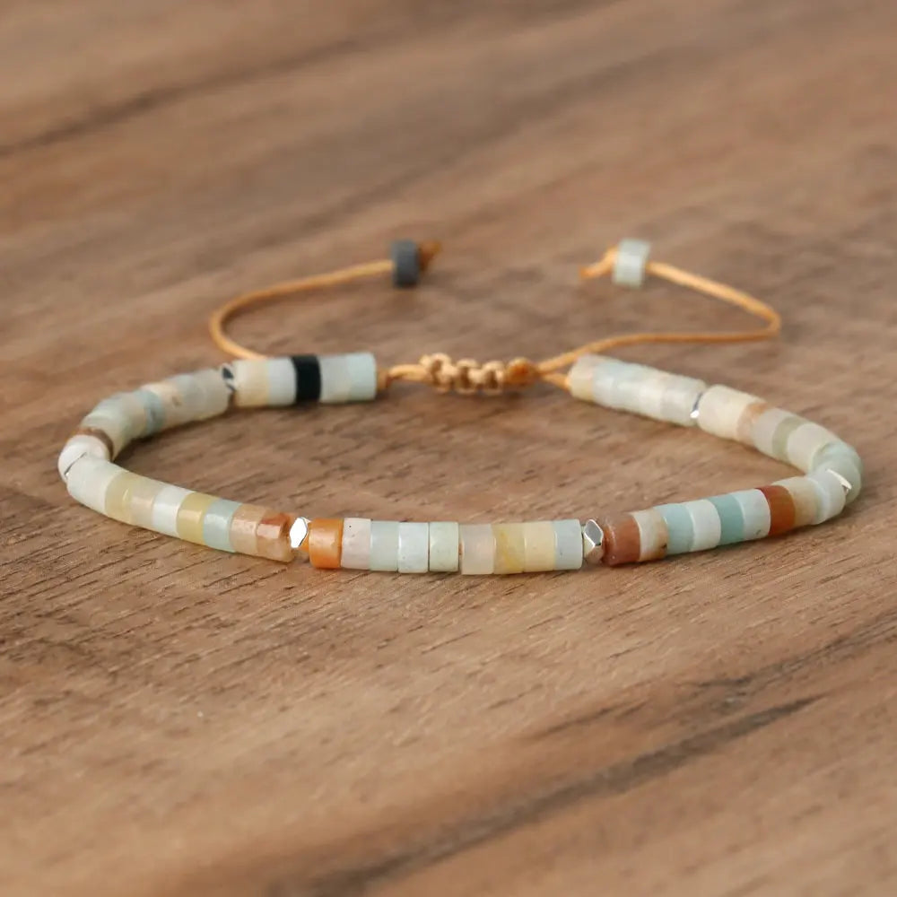 Natural Blue Emperor Stone Beaded Bracelet – Polished Block Beads, Adjustable Woven Rope Women’s Gift Jewelry