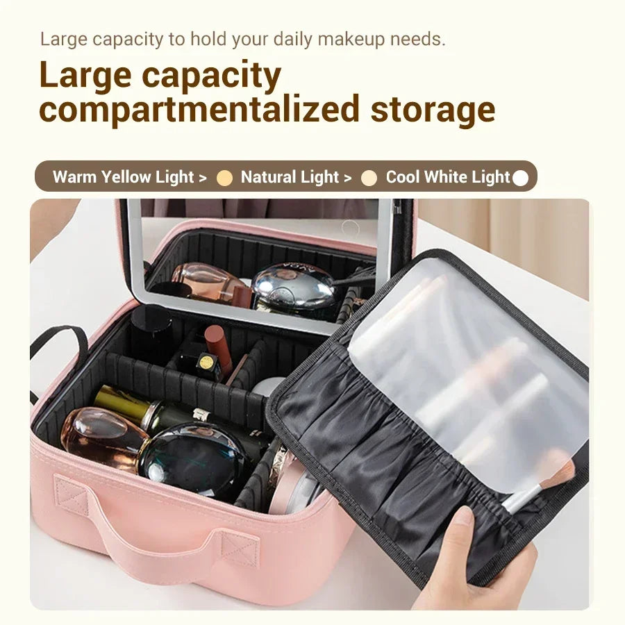 LED Lighted Cosmetic Case with Mirror - PU Leather Portable Travel Makeup Bag - Waterproof Makeup Storage