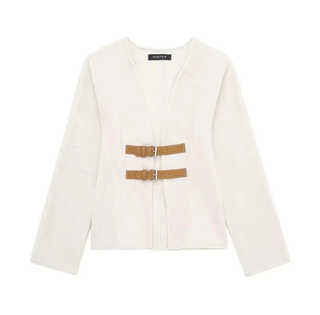 TRAFZA Women’s Retro Leather Buckle Woolen Coat – Fashion Solid V-Neck Beige Jacket, Autumn Spring Streetwear