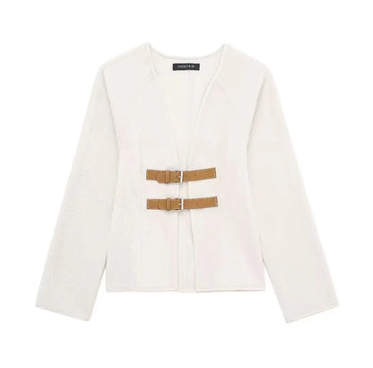 TRAFZA Women’s Retro Leather Buckle Woolen Coat – Fashion Solid V-Neck Beige Jacket, Autumn Spring Streetwear