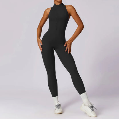 Women’s V-Back One-Piece Sports Jumpsuit — Sleeveless Yoga Romper with Zipper Workout Bodysuit