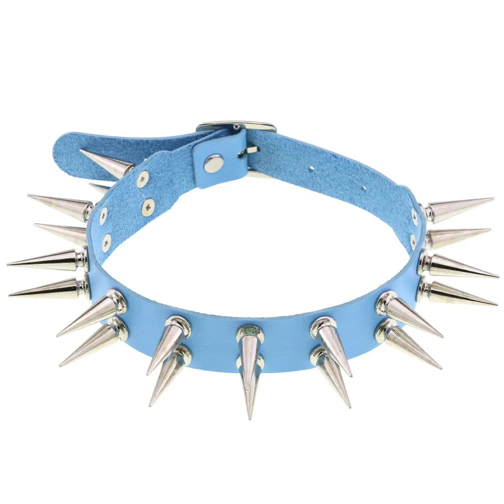 Long Spiked Choker Collar – Black PU Leather Punk Goth Necklace for Women & Men, Cosplay Jewelry Accessory