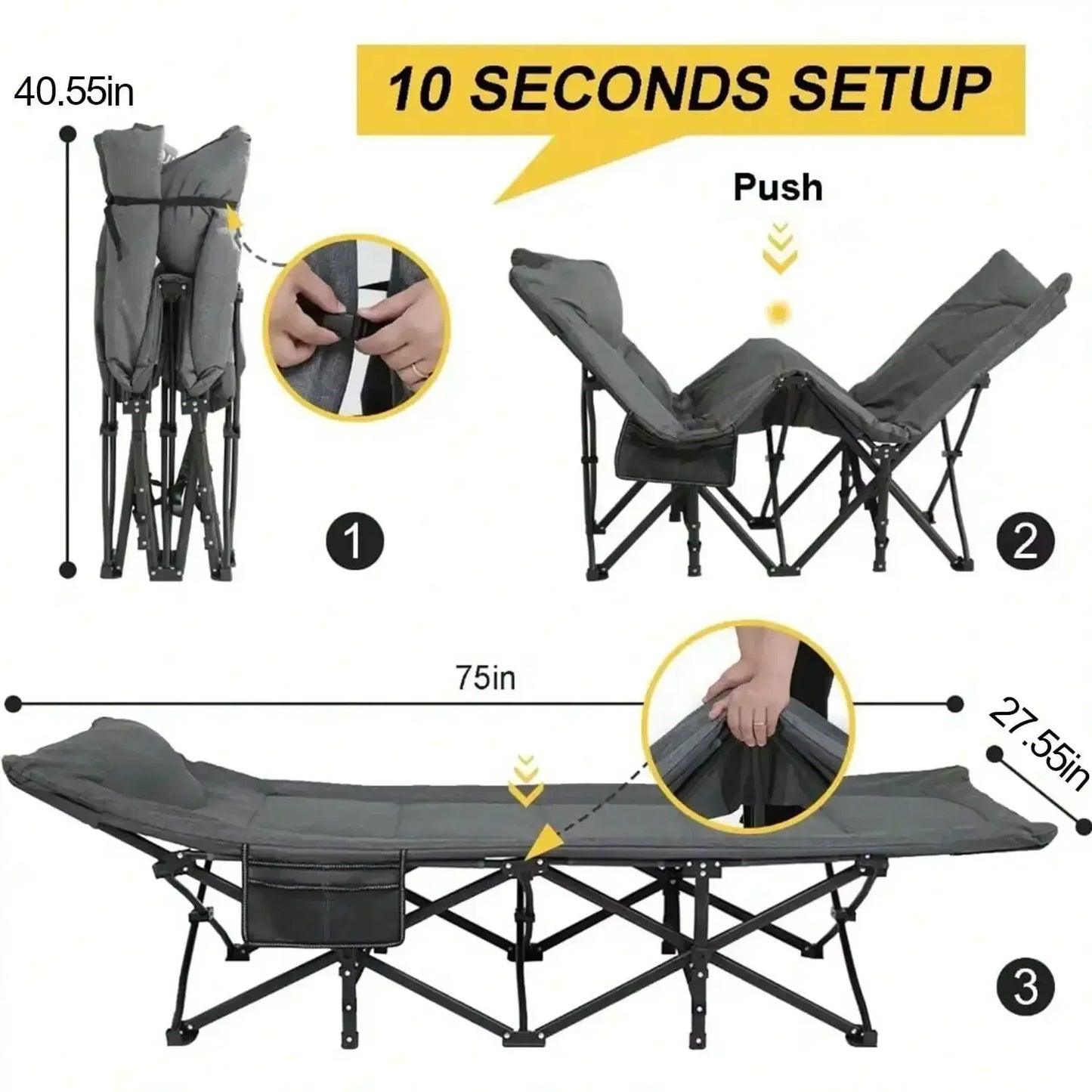 Premium Portable Folding Camping Cot with Thick Pad – Heavy Duty Adult Travel Bed with Side Pockets for Hiking & Outdoor Use