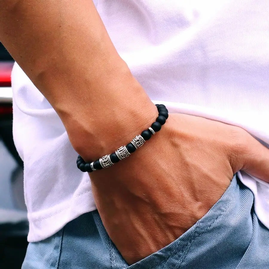 Noter Mantra Bracelet for Men – 6mm Howlite, Lava, and Tiger Eye Beads, Viking Accessories, Tibetan Bracelet