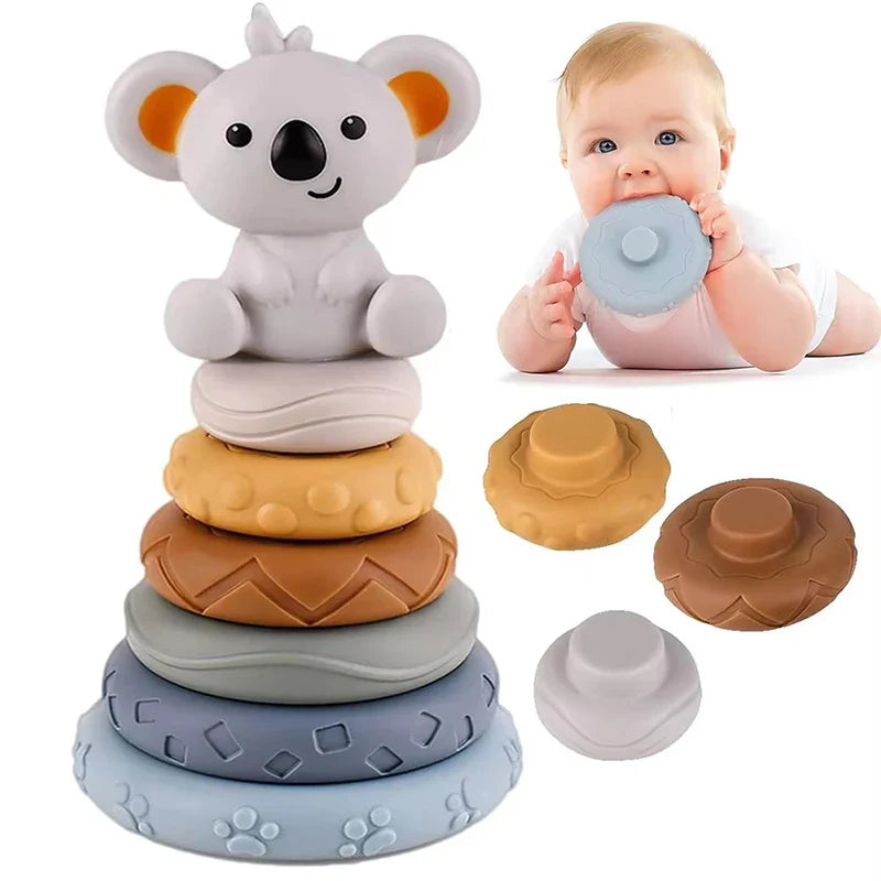 Baby Montessori Sensory Development Set – Koala & Rabbit Stacking Tower, Fine Motor Skills Learning Toys