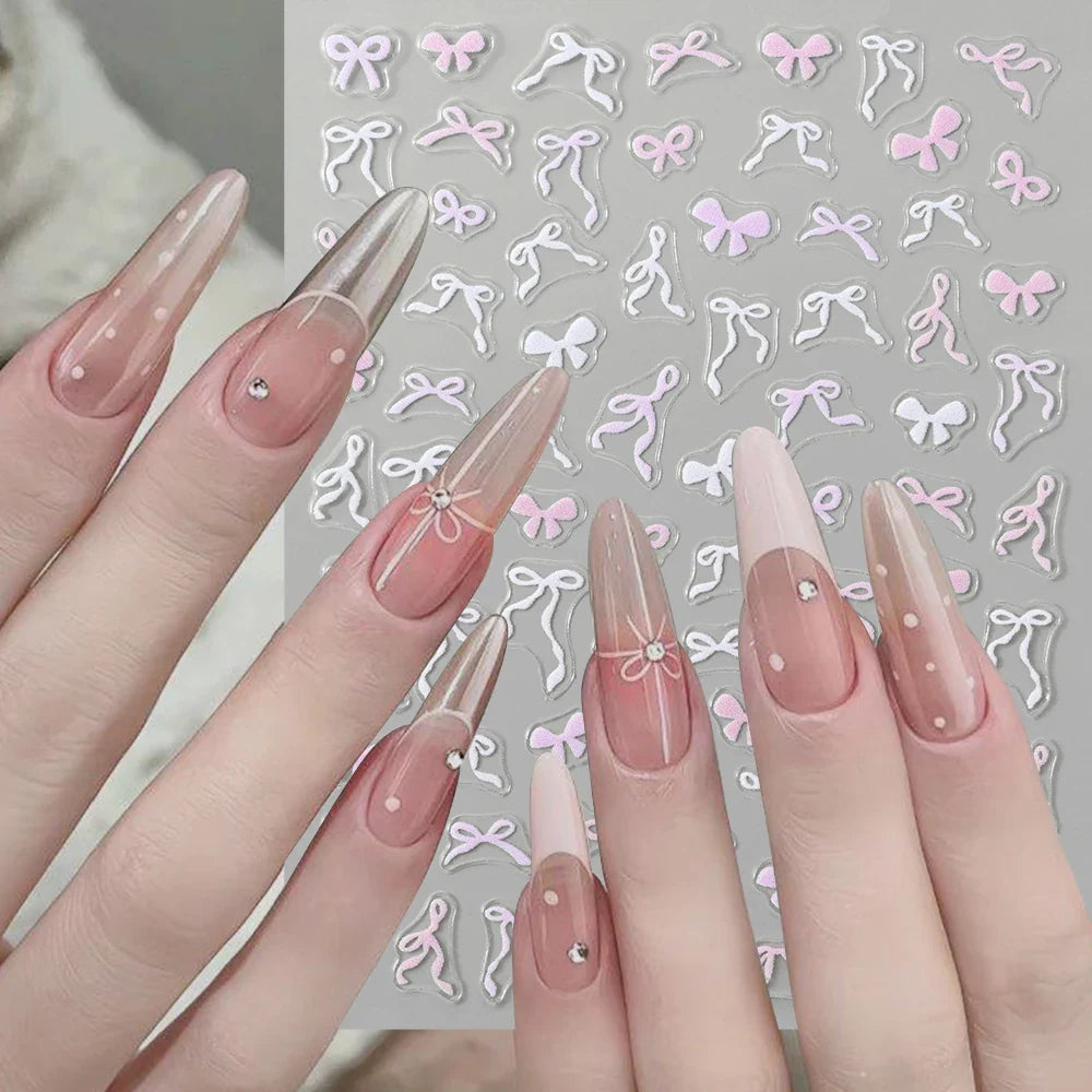 5D Pink & White Bowknot Nail Stickers – Self-Adhesive Kawaii Ribbon Nail Art Decals for DIY Manicure & Nail Decoration
