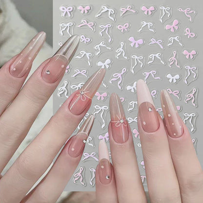 5D Pink & White Bowknot Nail Stickers – Self-Adhesive Kawaii Ribbon Nail Art Decals for DIY Manicure & Nail Decoration