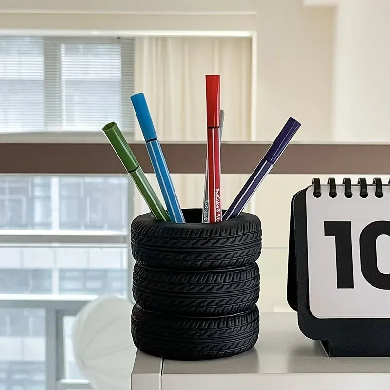 Tire Shaped Pen Holder - Creative Desktop Organizer for Pens, Office Supplies & Decorative Storage