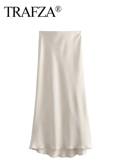 TRAFZA 2024 Y2K Women’s Long Skirt – Elastic High-Waist A-Line Satin Skirt for Spring Casual & High Street Fashion