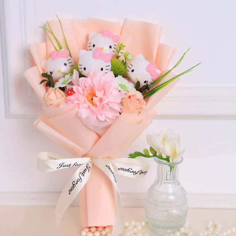 Kawaii Hello Kitty Cat Dolls with Artificial Flowers – Creative Sanrio Bouquet for Christmas, Valentine’s & Birthday Graduation Gifts