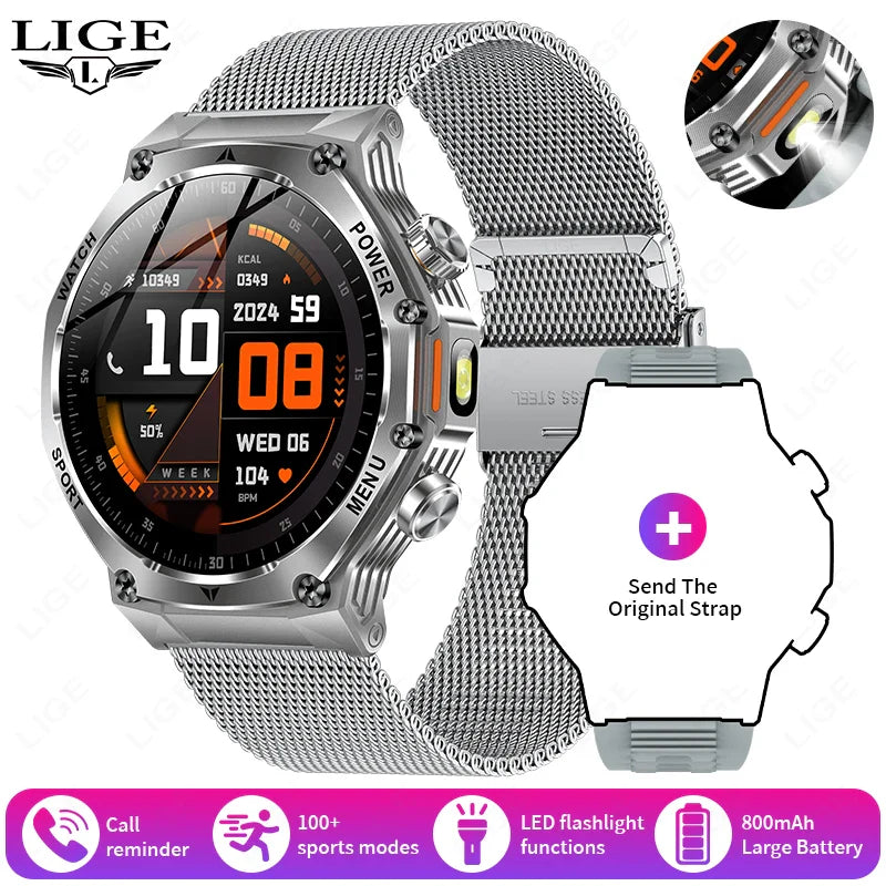 LIGE 2025 Smartwatch for Men — 800mAh Ultra Long Battery, Waterproof Outdoor Sport Watch with Bluetooth Call & Military Design