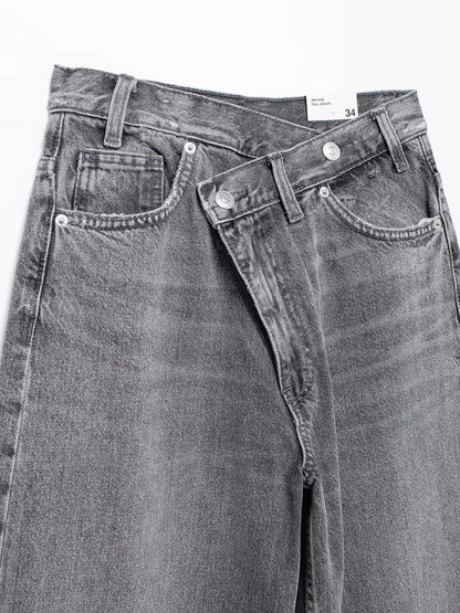 TRAF Women’s Basic Hundred Jeans — High Waist Asymmetric Wide-Leg Trousers, Casual Straight-Leg Fashion Jeans