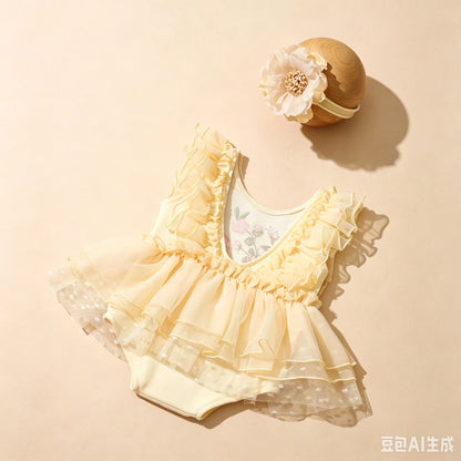 Newborn Baby Girl Floral Tutu Romper Set - Butterfly Embroidery Bodysuit with Flower Headband