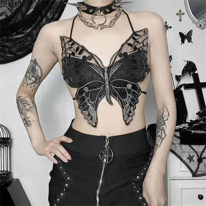 Women’s Butterfly Lace Camisole Crop Top – Spaghetti Strap Slim Fit See-Through Summer Bralette with Front Slit Low Cut Design