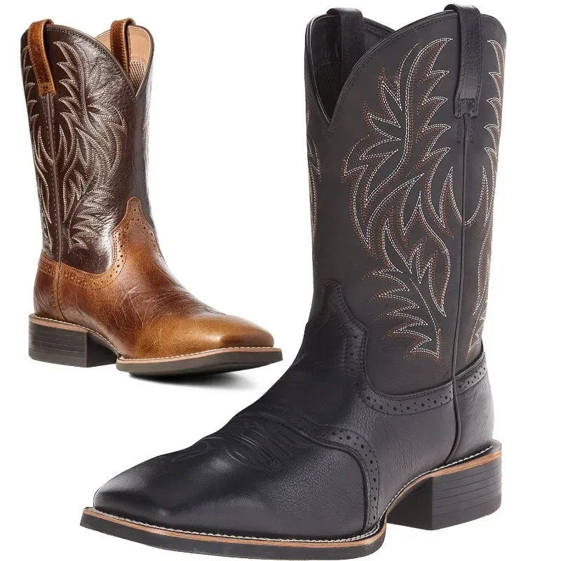 Men's Embroidered Cowboy Boots - Retro Handmade Pointed Toe Western Boots with Hand-Stitched Detail