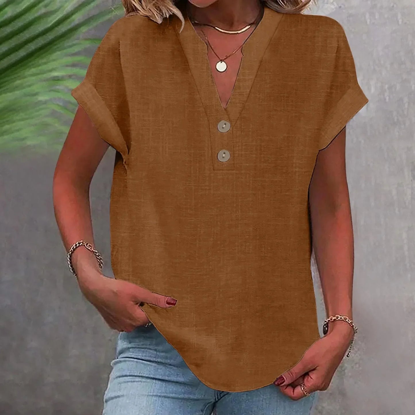 Women’s Cotton Linen Button-Down V-Neck Shirt – Breathable Solid Color Summer Office Casual Top 2025