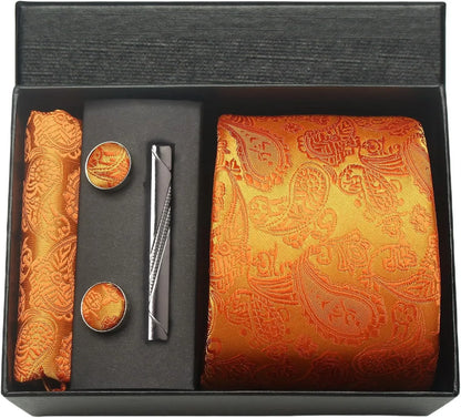 100% Silk Paisley Floral Necktie Set for Men - Premium Business Tie with Pocket Square Tie Clip Cufflinks Gift Box