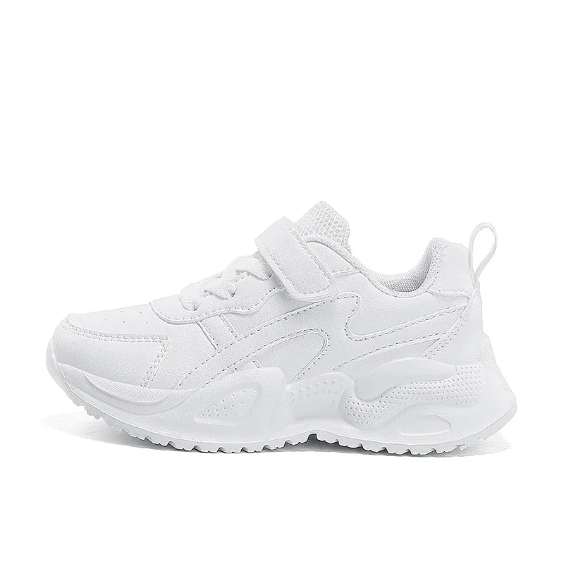 White Kids Leather Casual Shoes — Boys & Girls Outdoor Running Sneakers, Breathable Mesh, Non-Slip School Walking Sport Shoes