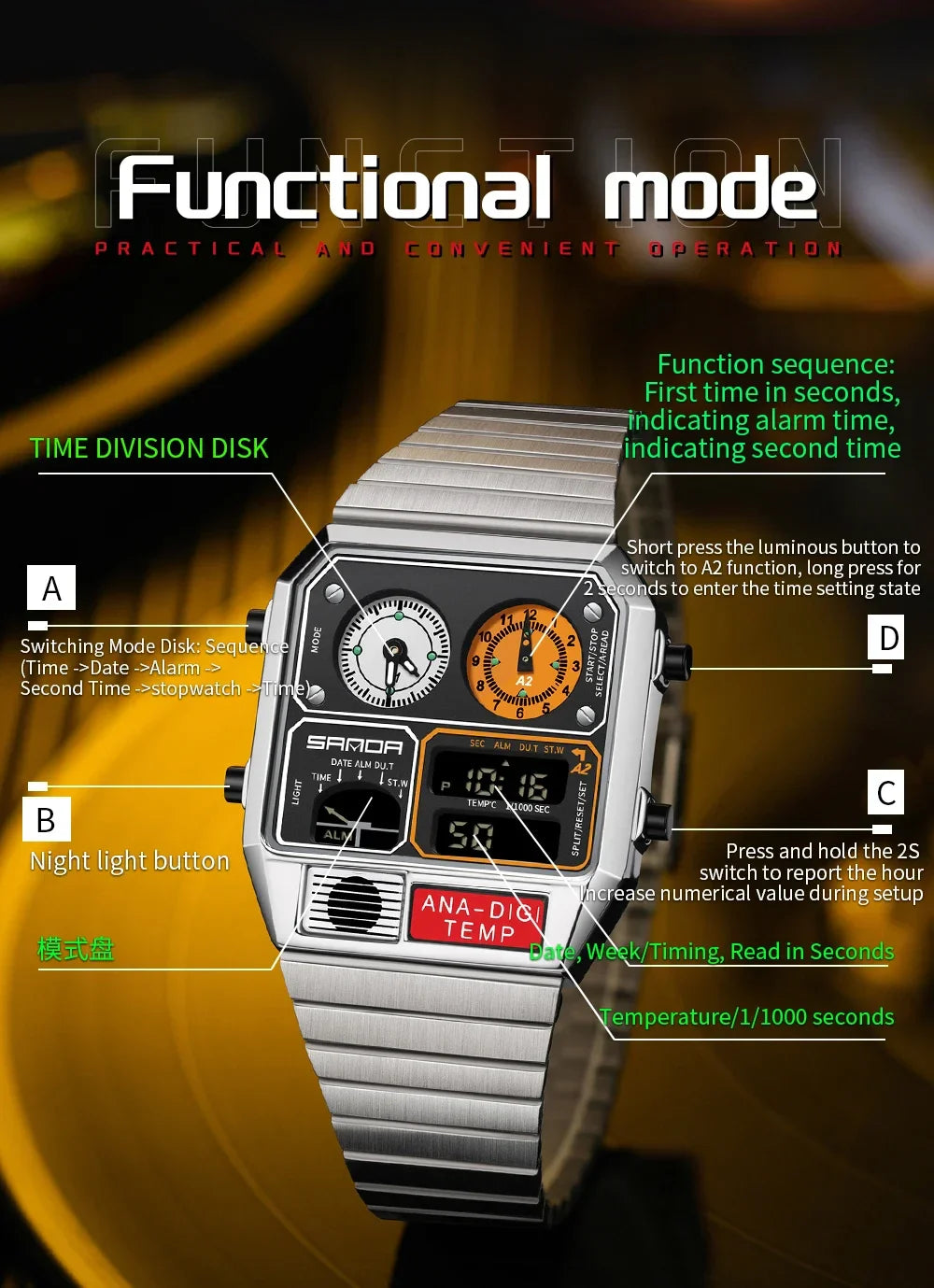 SANDA 3192 LED Electronic Men's Watch – Square Casual Multi-Function Thermometer Stopwatch Chronograph