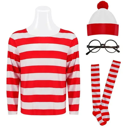 Wheres Waldo Costume Set - Striped Shirt, Glasses, Hat & Socks for Kids and Adults