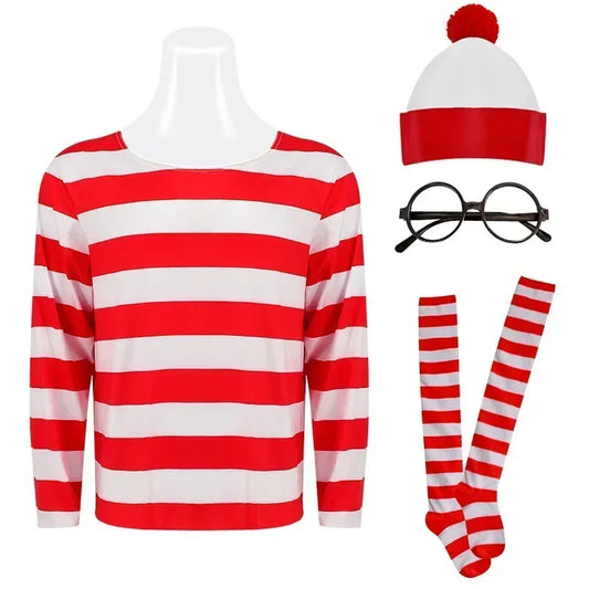 Wheres Waldo Costume Set - Striped Shirt, Glasses, Hat & Socks for Kids and Adults