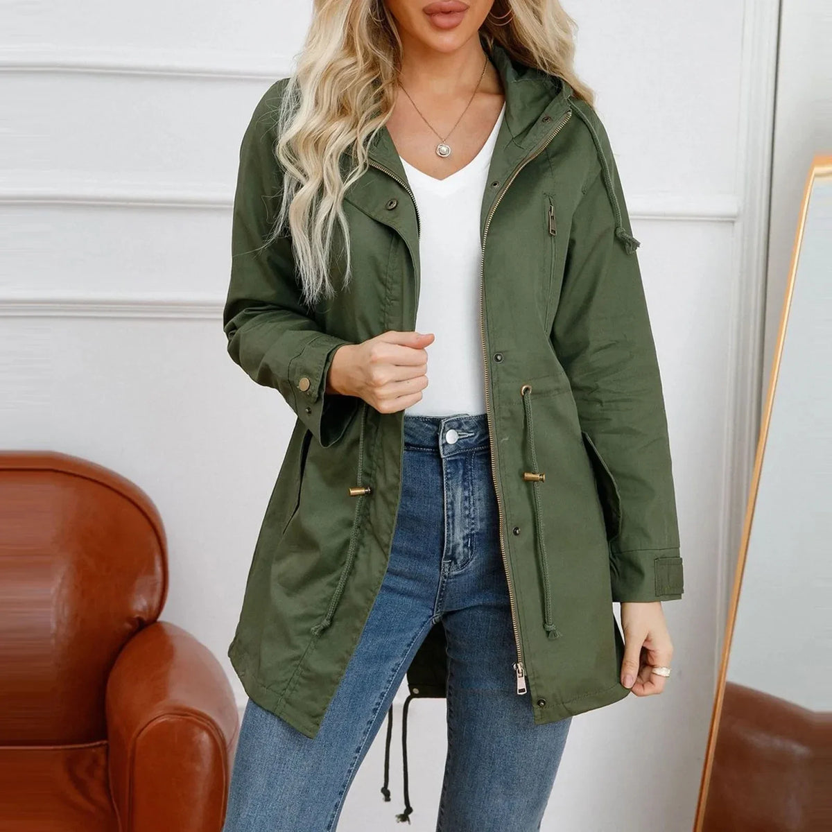Women’s Hooded Trench Coat - Fitted Solid Color Jacket for Spring, Autumn & Outdoor Wear