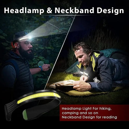 COB Rechargeable Headlight - 3 Lighting Modes Wide Angle Outdoor Running & Work Lamp with Red Tail Light
