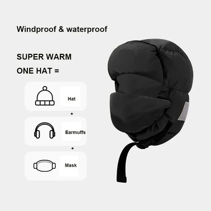2024 Winter Cotton Earflap Hat with Mask - Windproof Down Jacket Thermal Ski Hat for Men and Women, Ideal for Cycling and Outdoor Adventures